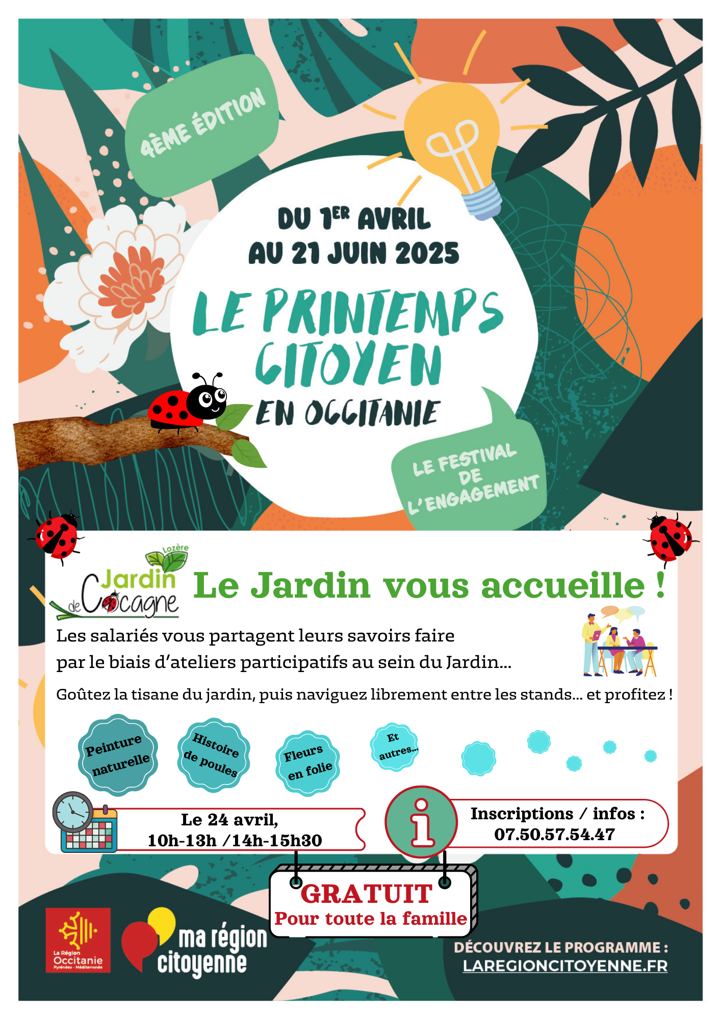 Le Jardin vous accueille le 24 avril 2025, de 10h30 à 15h30. Evenement gratuit et familial, inscription au 07.50.57.54.47. 
